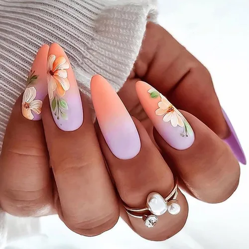 Vista 13 de Uñas postizas ovaladas a presión con puntas francesas, juego de uñas postizas cortas de flores artificiales, uñas postizas acrílicas con diseños