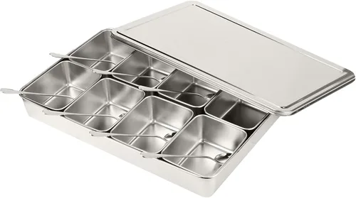Vista 2 de Juego de recipientes para condimentos, 8 rejillas, acero inoxidable, sal y azúcar, organizador de almacenamiento, utensilios de cocina