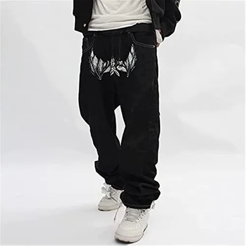 Vista 2 de SKYWPOJU Pantalones de mezclilla con bordado de calavera para hombre estilo vintage hip hop de los años 90 con diseño de patineta
