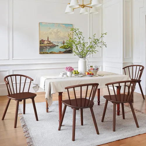 Vista 14 de LUE BONA Juego de 2 sillas de comedor negras, sillas de comedor de madera estilo granja con respaldo semicircular, silla de comedor con husos