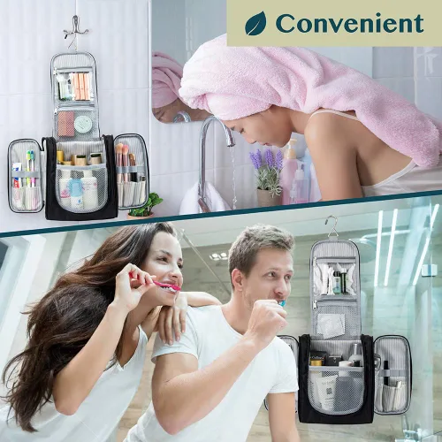 Vista 8 de PAVILIA - Bolsa de aseo para viaje para mujeres y hombres, organizador cosmético colgante, bolsa de maquillaje resistente al agua para accesorios