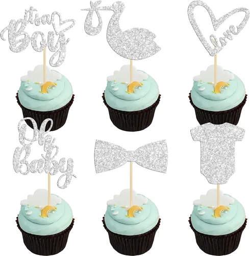 Vista 10 de Gyufise Paquete de 36 adornos para cupcakes Oh Baby ensamblados con texto en inglés "It's a Boy" con corbata, mameluco de amor, corazón, purpurina