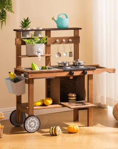 Vista 10 de ROBUD Cocina de barro para niños al aire libre, cocina de madera al aire libre, cocina de barro para niños con fregadero y grifo extraíbles
