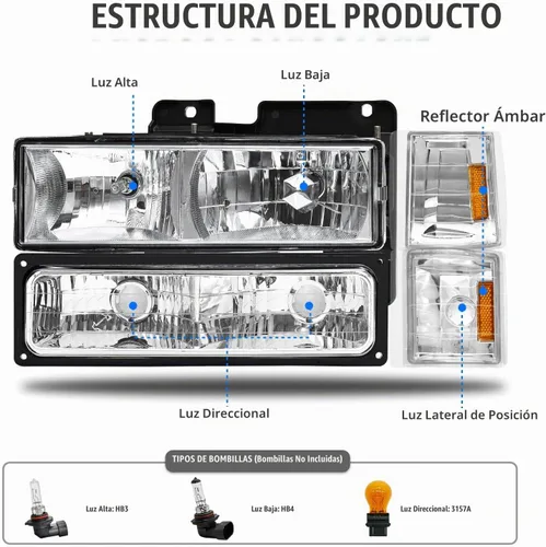 Vista 4 de para Sierra 1994-1998 Conjunto de Faros compatible con GMC C10/Sierra/Suburban/Yukon 1994-1998 con Parachoques y Esquina Carcasa Cromada con Lente