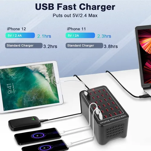 Vista 3 de Cinlinso Estación de carga USB de 30 puertos de 150 W (30 A), concentrador USB multipuerto con detección inteligente para teléfonos inteligentes