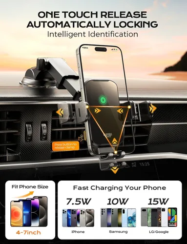 Vista 4 de Soporte inalámbrico con cargador de coche para teléfono, carga rápida de 15W, soporte de teléfono con sujeción automática para el salpicadero