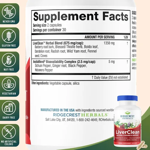 Vista 3 de Ridgecrest Herbals LiverClean, Suplemento de apoyo hepático a base de hierbas, cardo bendito, diente de león, desintoxicación, apoyo de limpieza