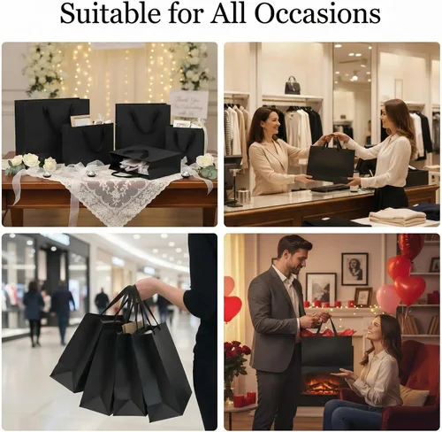 Vista 4 de Lincia 60 bolsas de papel negras con asas, tamaños surtidos grandes de 11 pulgadas, medianas de 8 pulgadas, pequeñas 7 pulgadas, bolsas de regalo