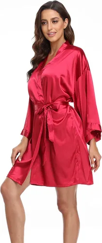 Vista 43 de Bata de boda para mujer, para novia, dama de honor, corta, de satén, kimono, batas de seda para prepararse, fiesta nupcial