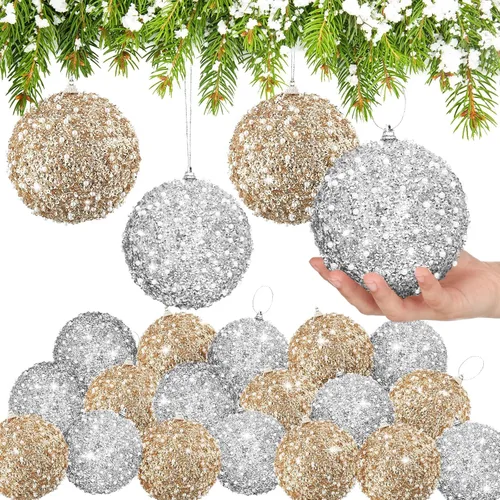 Vista 9 de Lyrow 24 piezas 3.15" Juego de adornos de bola de Navidad con purpurina, bola de espuma con lentejuelas colgante, decorativa, en masa, para árbol