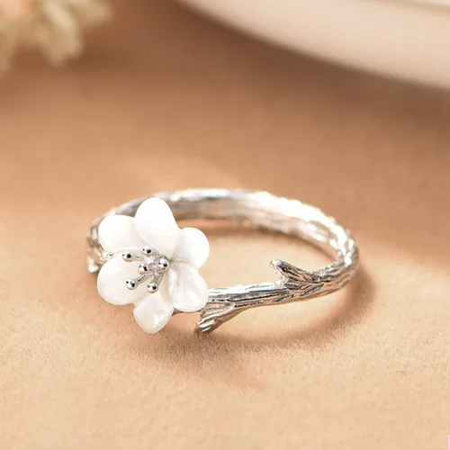 Vista 4 de Jeeless - Anillo de plata de ley 925 original Sakura con forma de cola abierta, ajustable, talla de flor para mujer