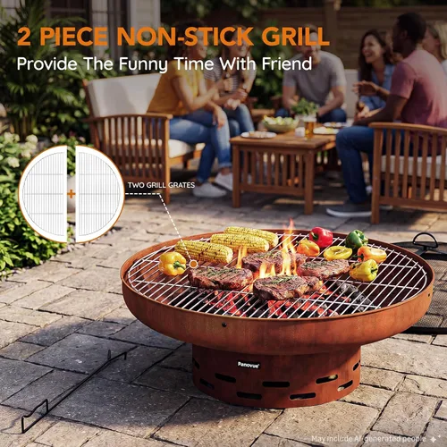 Vista 5 de Panovue Fogata de 32 pulgadas con 2 parrillas de cocina, pantalla de Pantalla de parque rústico + parrilla