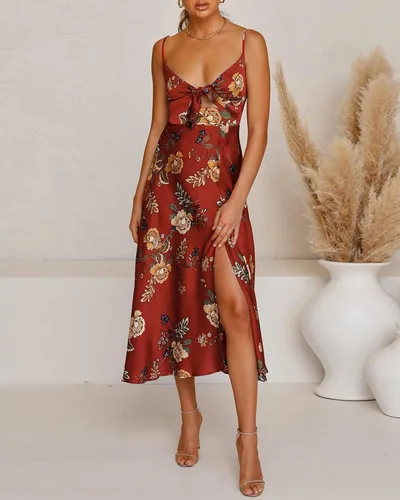 Vista 2 de Vestido de satén con largo por debajo de la rodilla para mujer, diseño con tirantes delgados, lazo frontal, espalda descubierta, abertura y calado