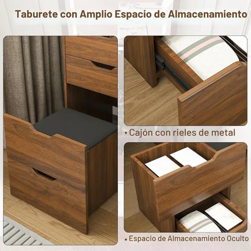 Vista 4 de Escritorio de tocador abatible con espejo iluminado LED y toma de corriente integrada, mesa de tocador de maquillaje con 2 cajones, almacenamiento