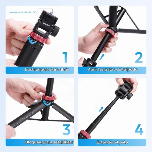 Vista 5 de ULANZI MT-71 Trípode selfie stick y mango de vlog con liberación rápida magnética y tornillo de 1/4 pulgadas, soporte de trípode ligero extensible