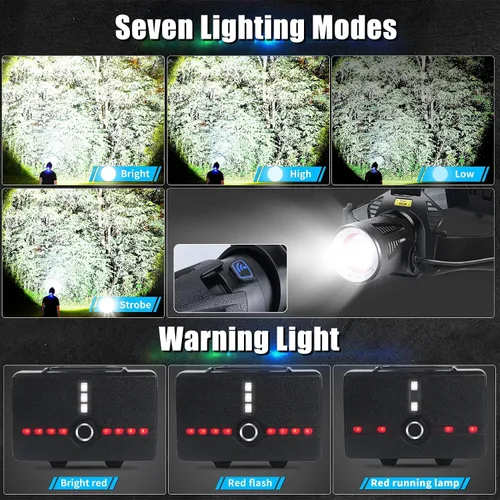 Vista 2 de Aikertec Linterna frontal recargable, lámpara LED brillante con sensor de movimiento, 7 modos, impermeable, ángulo ajustable de 45°, zoom, linternas