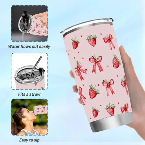 Vista 6 de ALAZA Vaso de viaje aislado con diseño de lunares y fresa con tapa y pajita, botella de agua al vacío de doble pared para automóvil, acero