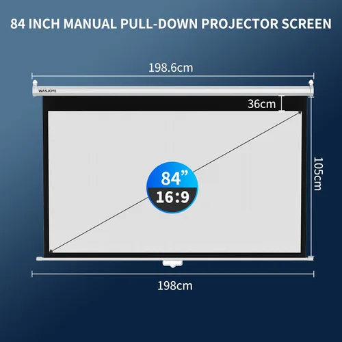 Vista 3 de WASJOYE Pantalla de proyector de 84 pulgadas manual desplegable – Pantalla de proyección retráctil HD 16:9 con bloqueo automático – Pantalla
