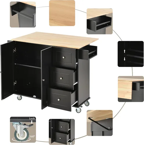 Vista 8 de Carrito móvil de isla de cocina de 52.7 pulgadas con organizadores y almacenamiento superior de madera maciza y ruedas de bloqueo, armario