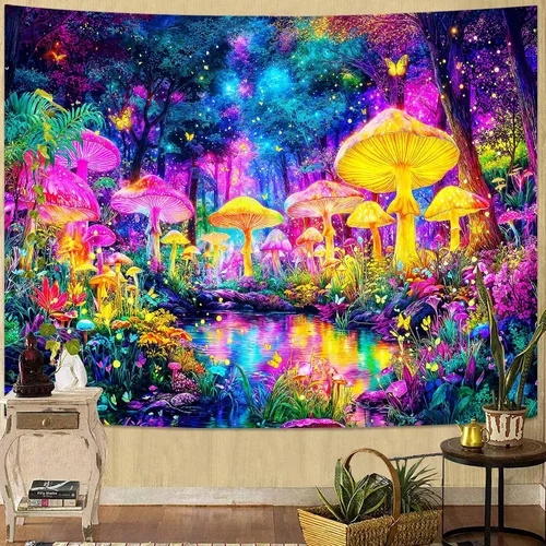 Vista 9 de Kanuyee Tapiz de luz negra de neón para colgar en la pared, bosque encantado, cascada, tapices para dormitorio, tapices UV, para colgar en la pared