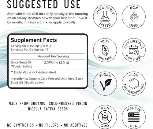 Vista 3 de MENSANA, Aceite de semilla negra (4 onzas – 47 porciones) – Virgen Nigella Sativa prensada en frío – Aceite de bienestar 100% orgánico, sin OMG