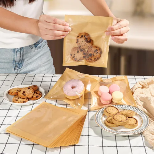 Vista 5 de SUREHOME Bolsas de Galletas Pequeñas de Papel Marrón con Ventana 100 Piezas Adhesivos de Agradecimiento 5.7 x 6.5 Pulgadas Bolsas de Panadería