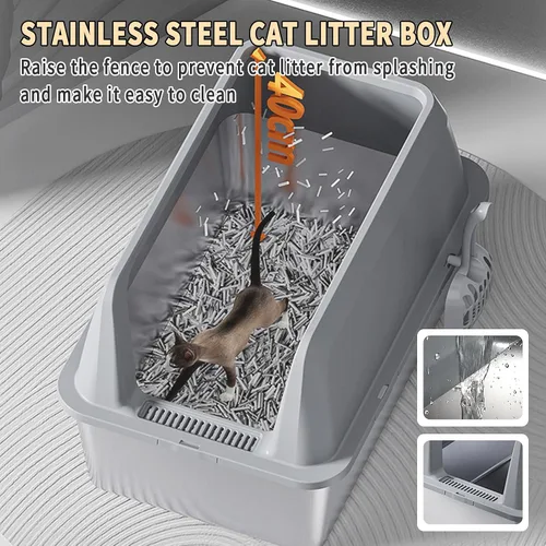 Vista 2 de Caja de arena de acero inoxidable, caja de arena grande para gatos con alfombrilla de arena para gatos, 23.62 pulgadas de largo x 15.75 pulgadas
