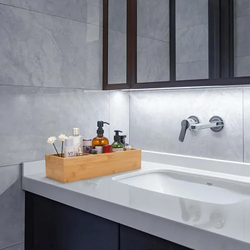 Vista 6 de Cesta de baño de bambú, cesta de madera para tanque de inodoro, caja de almacenamiento de madera con 3 compartimentos para organizador de baño