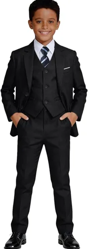 Vista 10 de Visaccy Traje formal para niños, traje de esmoquin ajustado para niños Traje negro corbata azul cuadros (4 piezas)