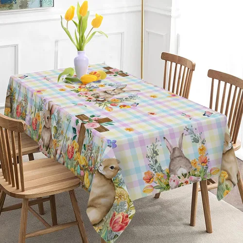 Vista 8 de Mantel Redondo de Pascua, Mantel Redondo de Mesa de Pascua de 70 Pulgadas con Conejo y Huevos, Cubierta de Mesa de Cocina a Cuadros Búfalo
