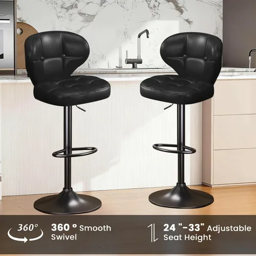 Vista 3 de Juego de 2 taburetes de bar, taburetes de bar giratorios ajustables con respaldo, sillas de bar de altura de mostrador con reposapiés, asiento Negro
