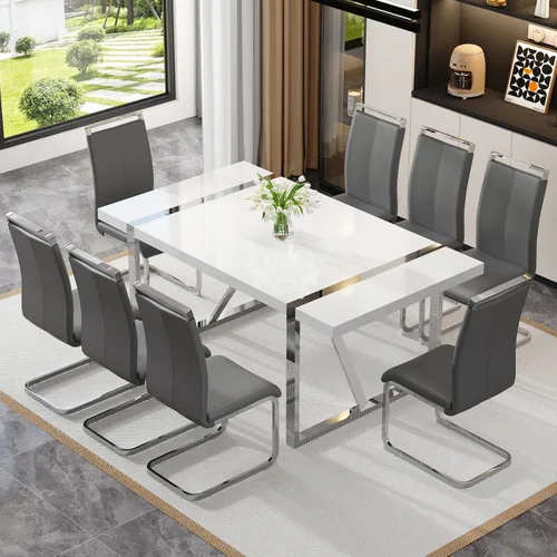 Vista 38 de Mesa de comedor Ebullient para 4, mesa de comedor rectangular negra de MDF, tapa de mesa de cena de mármol falso, mesa de comedor moderna con marco