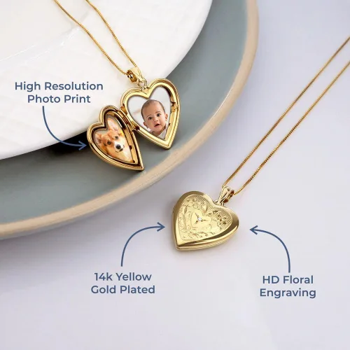Vista 8 de PicturesOnGold.com Medallón de fotos de corazón floral relleno de oro de 14 quilates con diamante, 34 pulgadas x 34 pulgadas, incluye cadena de 18