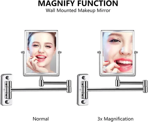 Vista 3 de QiMH Espejo de maquillaje de pared con aumento 3X Rectangular 8 x 6 pulgadas con brazo extensible Espejo giratorio de doble cara con acabado