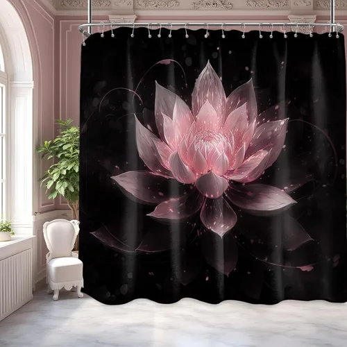 Vista 20 de Cortina de ducha con flores de loto negro y azul para decoración de baño, juego de cortinas decorativas de baño con estampado floral, tela