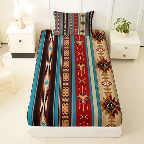 Vista 38 de Juego de ropa de cama de estilo bohemio occidental, tamaño individual, diseño de vaca atrapasueños, sábana bajera ajustable del suroeste, tribu