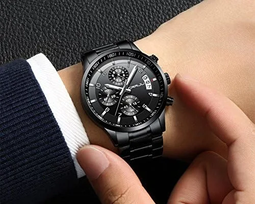 Vista 6 de CRRJU - Reloj de pulsera, de acero inoxidable para hombre, resistente al agua, cronógrafo, correa de acero inoxidable