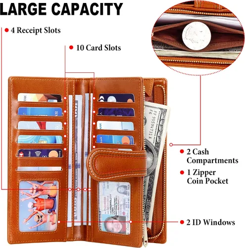 Vista 4 de VOCUS Cartera de cuero para mujer, billetera larga plegable de gran capacidad, tarjetero para tarjetas de crédito con cremallera para damas..