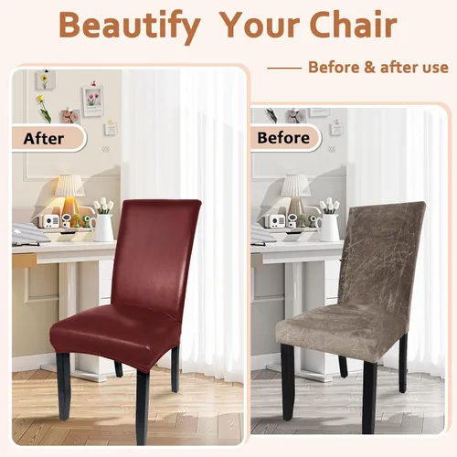 Vista 6 de Juego de 4 fundas de cuero suave para sillas de comedor, fundas elásticas impermeables para sillas de comedor, protectores resistentes al aceite y a