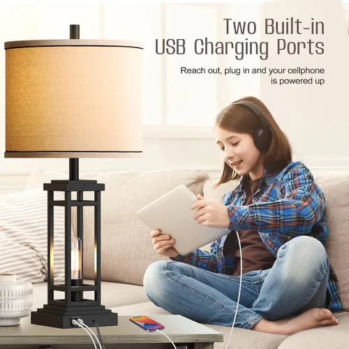 Vista 5 de ROTTOGOON Lámpara de mesa de granja de 27.5 pulgadas de altura con puertos de carga USB C + USB A, lámpara rústica para sala de estar, lámpara