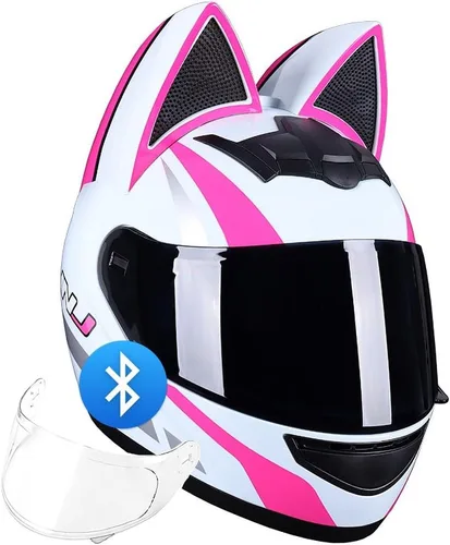 Vista 6 de Casco Bluetooth de motocicleta con orejas de gato, certificado DOT, casco de motocicleta de cara completa, lindos cascos de gato con visera HD