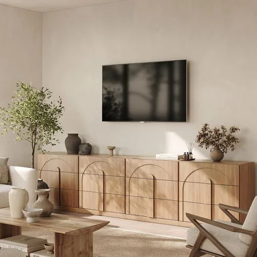 Vista 20 de BELLEZE Centro de entretenimiento modular de 4 piezas con almacenamiento, 2 vitrinas de madera moderna con gabinete arqueado y 2 armarios de puerta