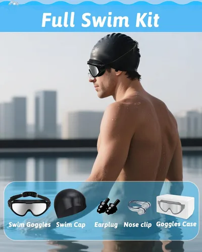 Vista 6 de Gafas de natación antivaho anti UV, visión amplia y sin fugas, gafas de natación y gorro de natación para hombres, mujeres, adultos y jóvenes