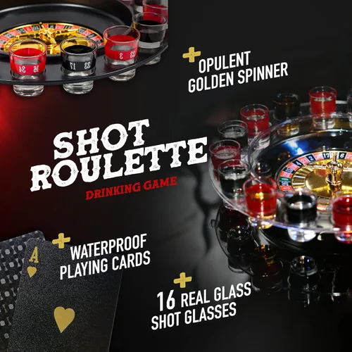 Vista 2 de BETTERLINE Juego de cartas de póquer y ruleta de vaso de chupito - Rueda giratoria, 2 bolas y 16 vasos de chupito - Casino Juegos de fiesta