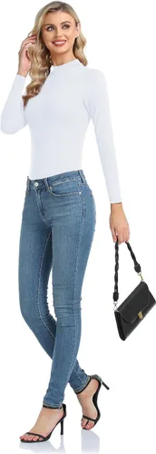 Vista 6 de Camiseta térmica básica de manga larga para mujer, ligera, con cuello alto falso, ajustada, capa suave