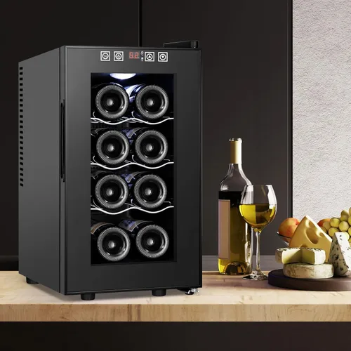 Vista 9 de Refrigerador Enfriador de Vinos de 8 Botellas, Refrigerador Pequeño de Vino, Mini Refrigerador de Vino de Encimera con Puerta de Vidrio, Bodegas