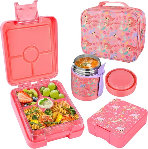 Vista 10 de Pawtong Set de Loncheras Bento con Termo para Sopa de 10oz, loncheras a prueba de fugas con 4 compartimentos, termo para alimentos calientes