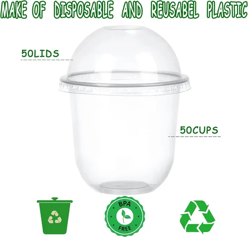 Vista 7 de Vasos de plástico calientes/fríos con tapas de cúpula sin agujero, 50 juegos de vasos de postre de plástico para helado, postre, sopa, parfait