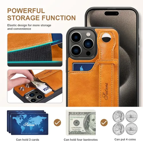 Vista 3 de Funda para iPhone 15 Pro Max 2023, de piel sintética, con ranura elástica para tarjetas, cierre magnético, correa de mano, funda protectora