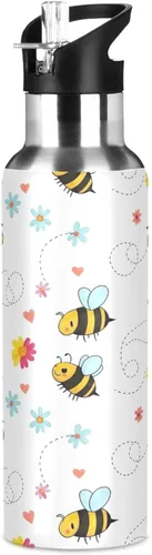 Vista 8 de Lindas abejas de dibujos animados de acero inoxidable blanco aislado al vacío botella de agua de 32 onzas, sin BPA, botella de agua deportiva a